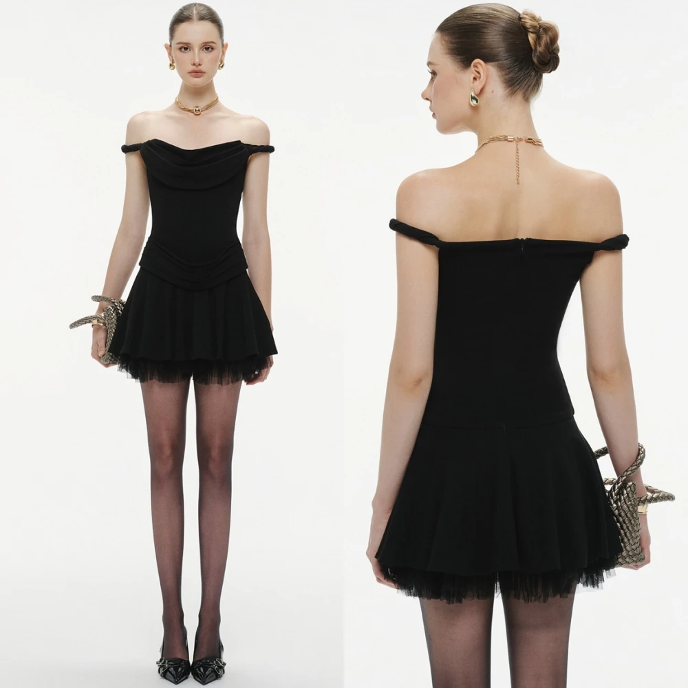 

Customized Luxury Black Jersey Evening Dress Simple Boat Neck Prom Dresses Modern A-Line Special Occasion Gowns