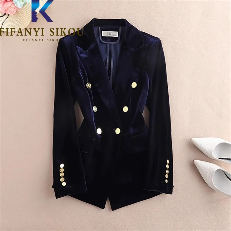 2024 Autumn Winter Women Velvet Blazer Jacket Double Breasted Pocket Fashion Slim Suit Jacket Female Elegant Formal Blazers Coat