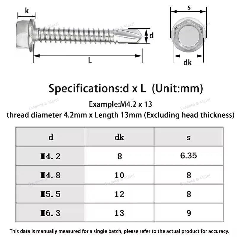 1-50PCS 410 Stainless Steel Hexagonal Washer Head Self-Tapping Screws M4.2M4.8M5.2M6.3 Hexagonal Flange Head Self-Tapping Screws