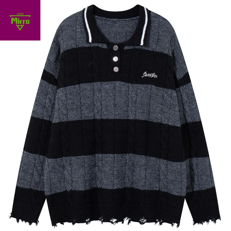 

【Mirrordust】Оверсайз Y2K Мужская уличная одежда Harajuku Свитера в стиле хип-хоп Вязаные джемперы Винтажные полосатые свободные свитера Трикотаж