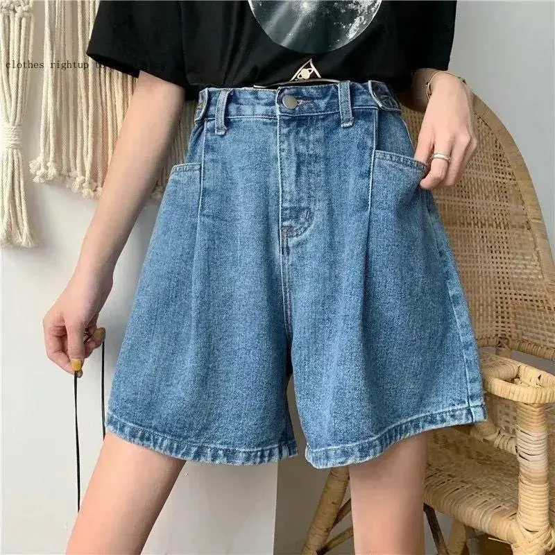 Fashion Denim Shorts Women's Summer Korean Version High Waist Straight Tube Loose Casual Versatile Daily