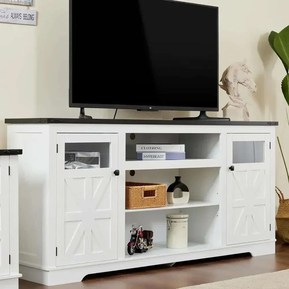 Rustic 65-75 Inch TV Stand with Adjustable Media Storage for Living Room in White