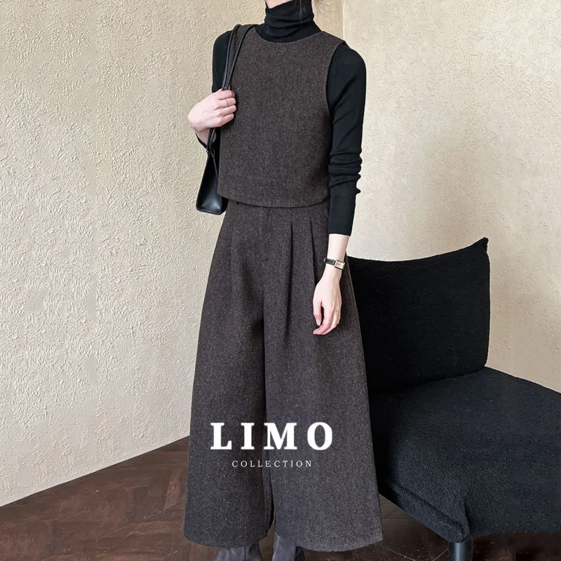 LIMO Высококачественный двусторонний шерстяной жилет, широкие брюки, модный комплект для женщин, осень-зима 2025, шерстяной комплект из двух предметов
