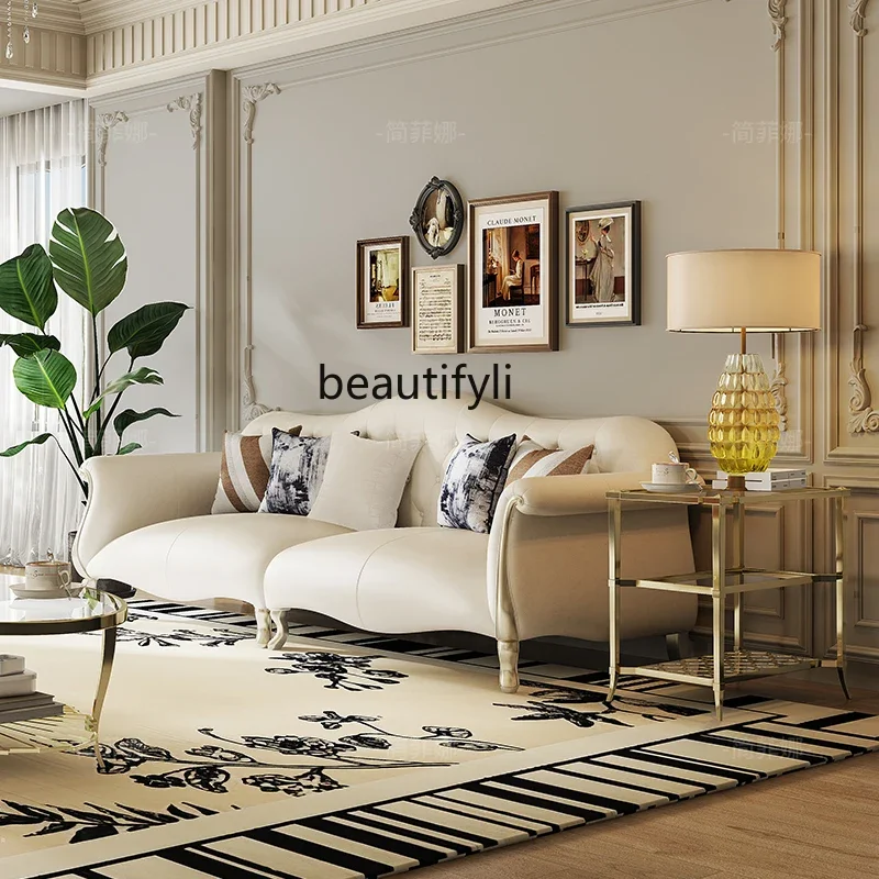 

American light luxury living room premium, leather sofa first layer cowhide solid wood sofa straight row combination