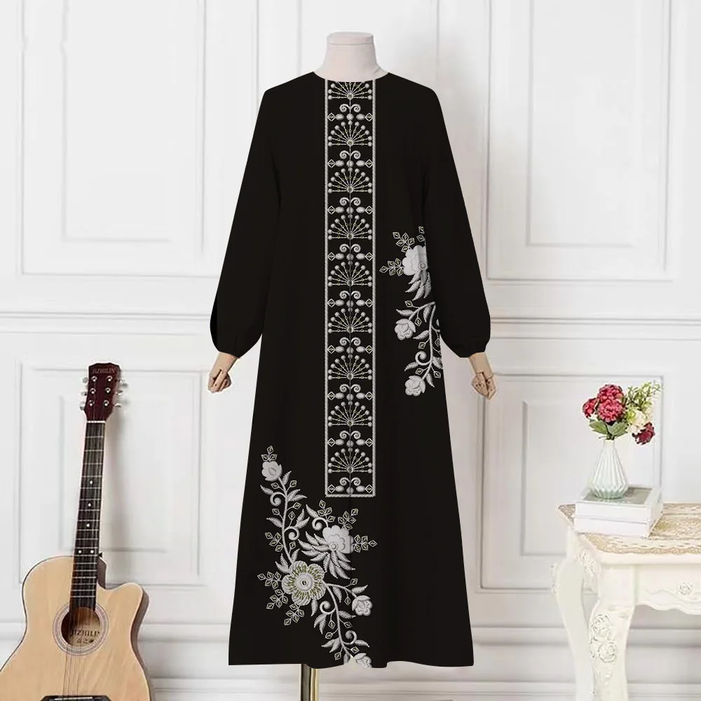 2024 Ramadan Eid Abayas For Women Middle East Dubai Muslim Floral Print O-neck Robe Dresses Fashion Femme Party Abaya Vestidoes