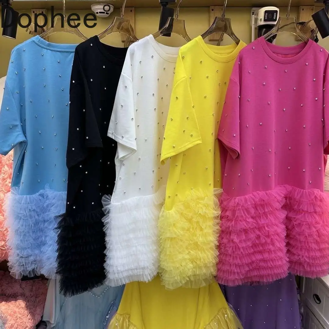 

Original Design New Spring Summer Oversize Women T-shirt Luxury Diamonds Round Neck Pullover Top Mid-long Fairy Mesh Dress