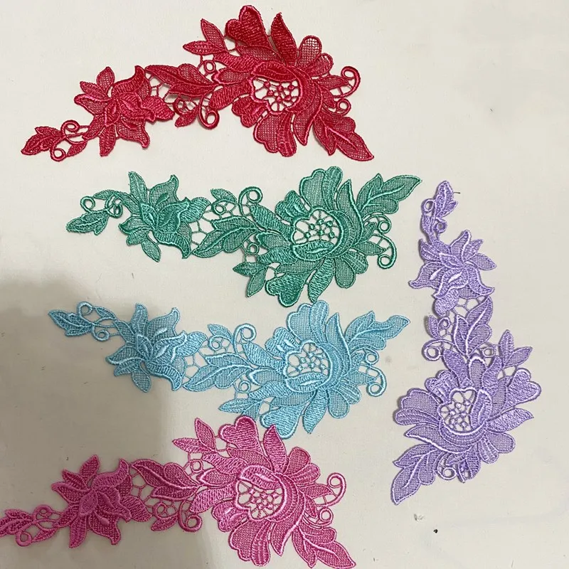 2Pcs 17*7cm Purple Green Blue Red Fluorescent Sewing Flower Motif Venise Lace Applique for Garment Embroidery Lace Patches