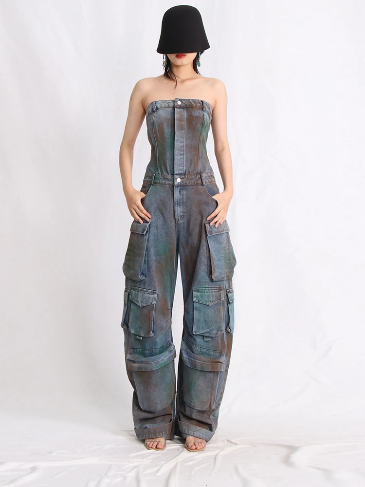 TWOTWINSTYLE Denim Solid Jumpsuits For Women Strapless Sleeveless High Waist Cargo Pants Female Fashion Style Clothing 2023 New