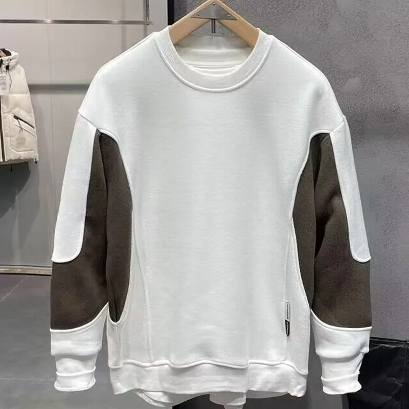 New Autumn Fashion Trend Patchwork Round Neck Pullover with Contrasting Colors and Versatile Casual Men\'s Long Sleeved Sweater