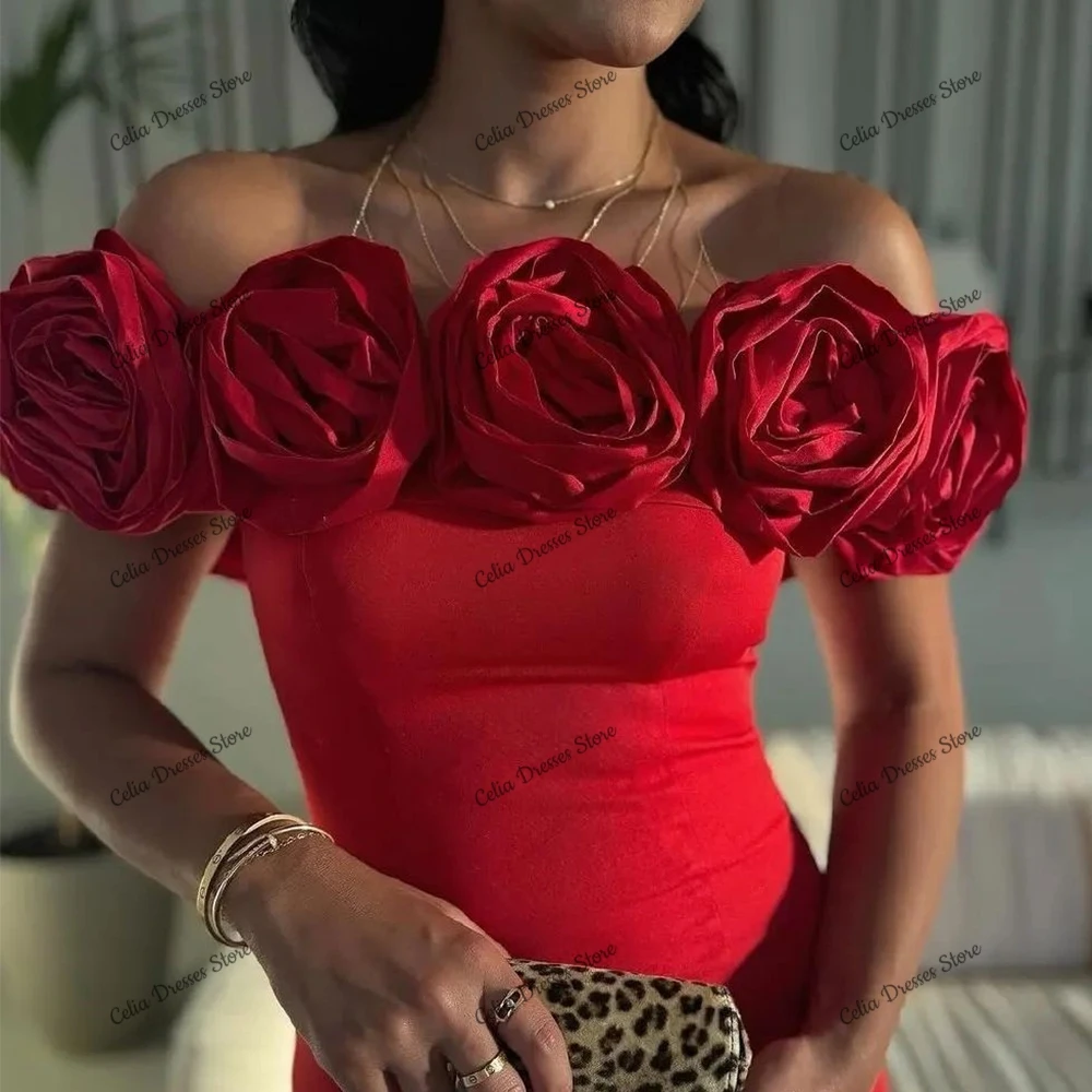 Modern Red Mermaid Formal Evening Dress Satin 3D Flowers Sleeveless Off the Shoulder Special Occasion Gowns with Panel Train