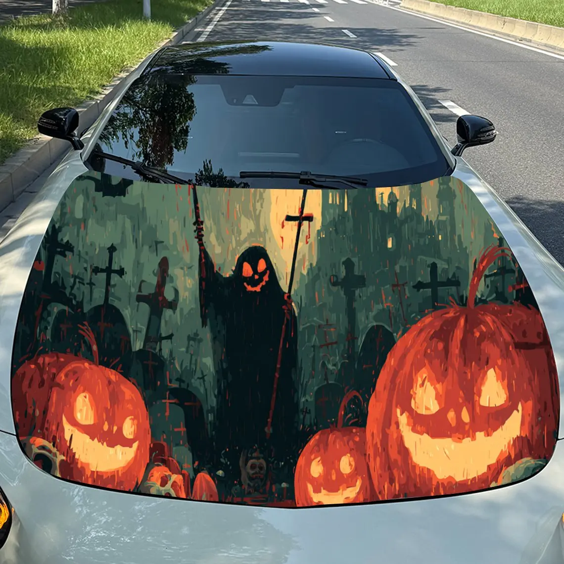 

Темный Хэллоуин, мрачный жнец и тыква, виниловая наклейка на капот двигателя автомобиля, модная наклейка на автомобильную крышку, водонепроницаемая самоклеящаяся V