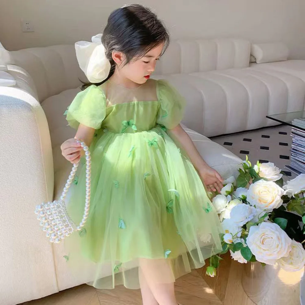 2023 Easter Children Girl Summer Clothes Sleeveless Butterflies Applique Green Purple Kids Dresses for Girls for 4 To 5 Years