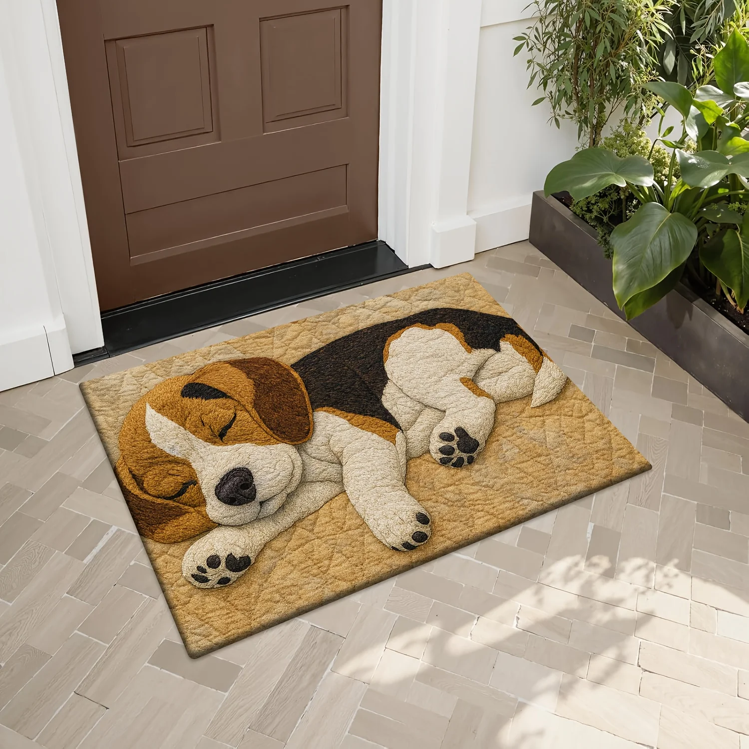 [2D Flat] Flannel Fun Doormat Embroidered Style with Sleeping Puppy Pattern Soft Colors Exquisite Details Printed Floor Mat Suitable for Bedroom, Kitchen