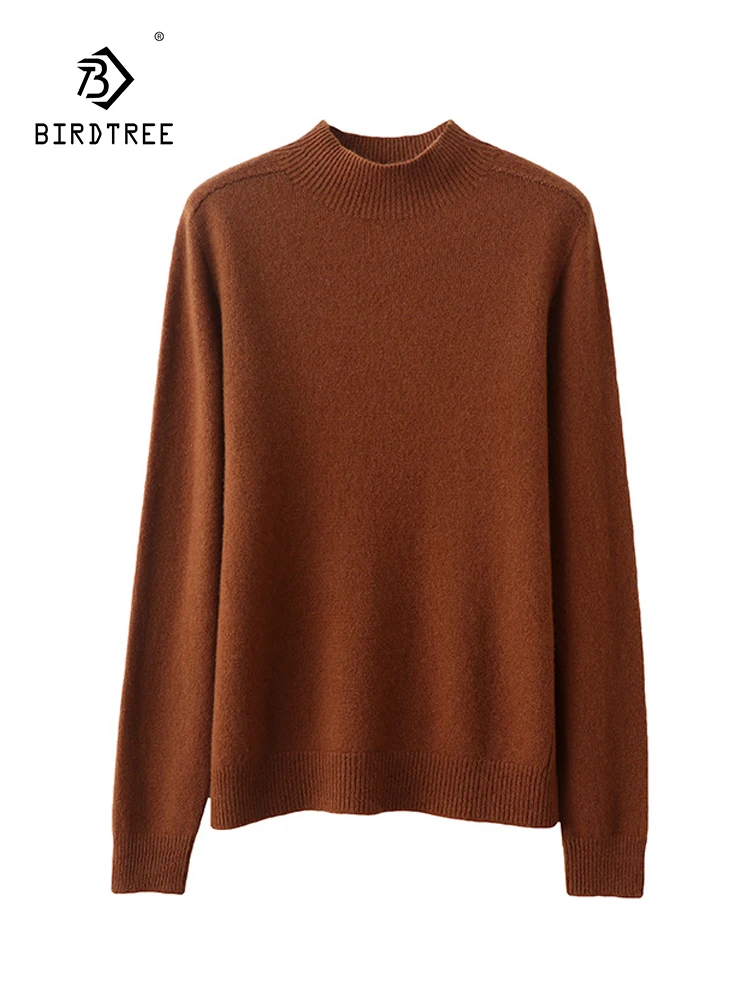 Birdtree 100%Sheep Wool Base Seamless Integrated Minimalist Sweater Half High Neck Women's Autumn Winter Bottom Sweater T3D554QC