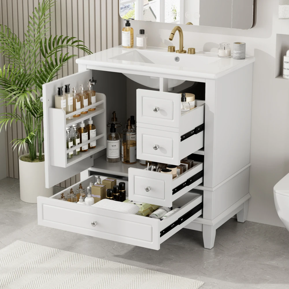 

30" Bathroom Vanity with Sink, One Door with Shelf and Three Drawers, Soft Close Door, White