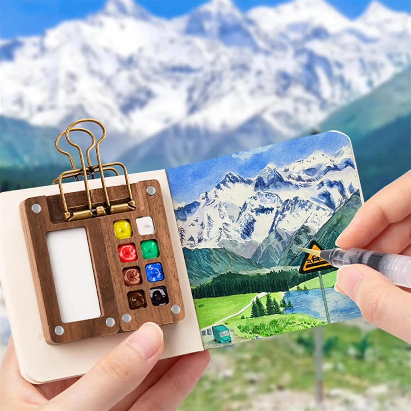 مجموعة ألوان مائية صغيرة للأطفال، مجموعة ألوان مائية خشبية للسفر مع كراسة رسم للمبتدئين في الرسم الفنانين #1