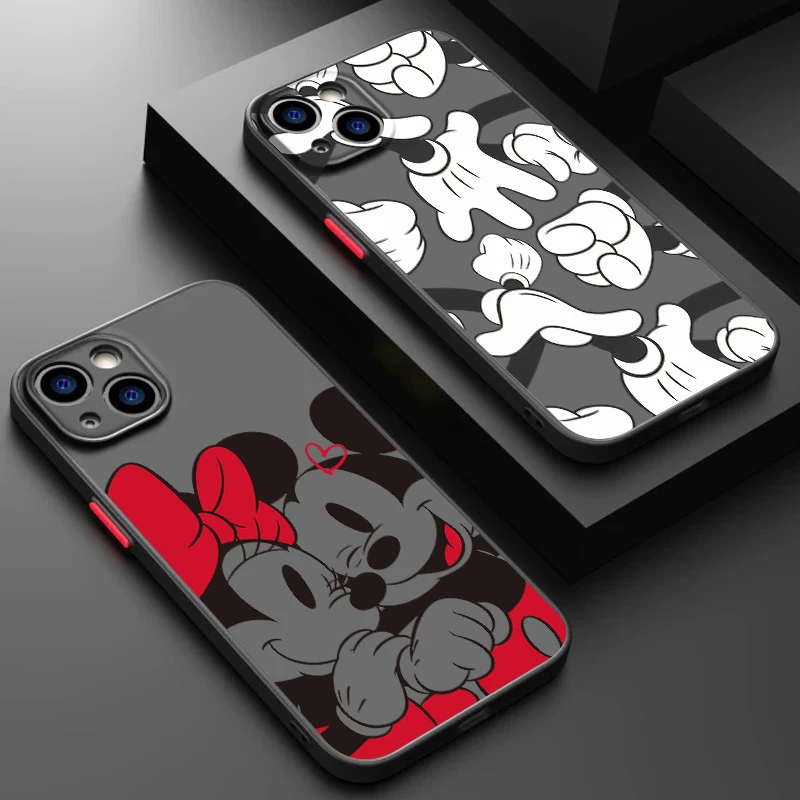 Red Couple Disney Mickey Frosted Translucent For Apple iPhone 15 14 13 12 11 XS XR X 8 7 SE Pro Max Plus Mini Back Phone Case