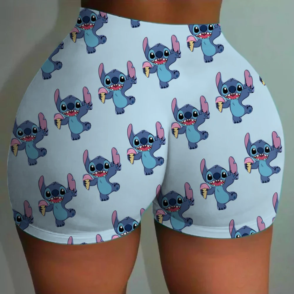 Spodnie do jogi z wysokim stanem dla kobiet, modelujące i podnoszące pośladki, dopasowane, z nadrukiem Disneya Stitch, szorty sportowe.