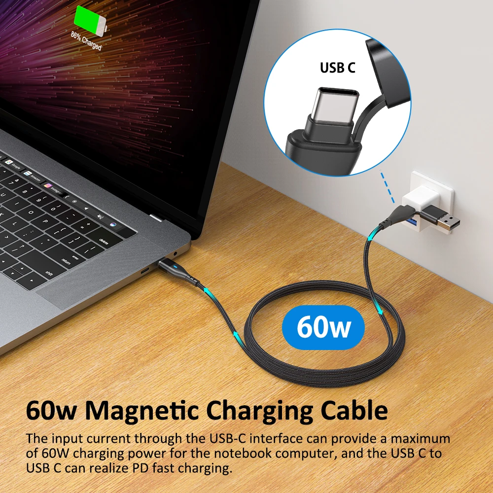 AUFU Magnetic Cable 60W PD Fast Charger Cable USB C To Type C Micro Magnetic Data Cord USB Cable For iPhone 14 Macbook Samsung