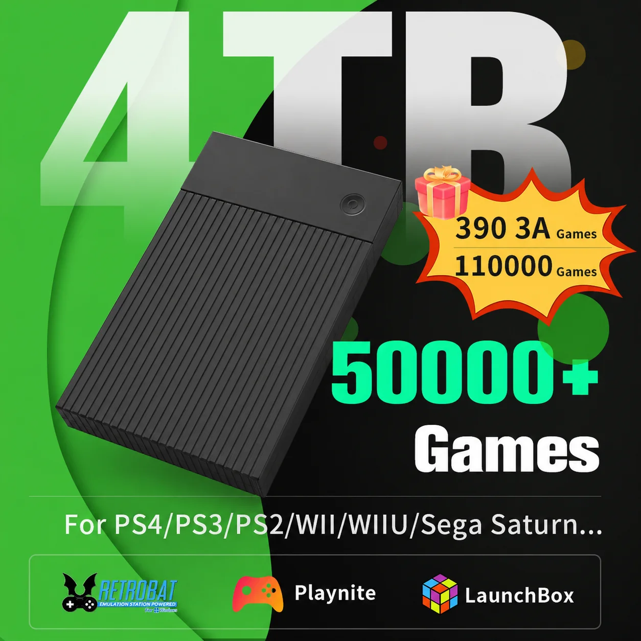 4TB Retro Gaming Hard Drive For Windows Launchbox + Retrobat + Playnite Game HDD 50000 Games For PS4/PS3/Switch/WII/PS1/PS2/N64