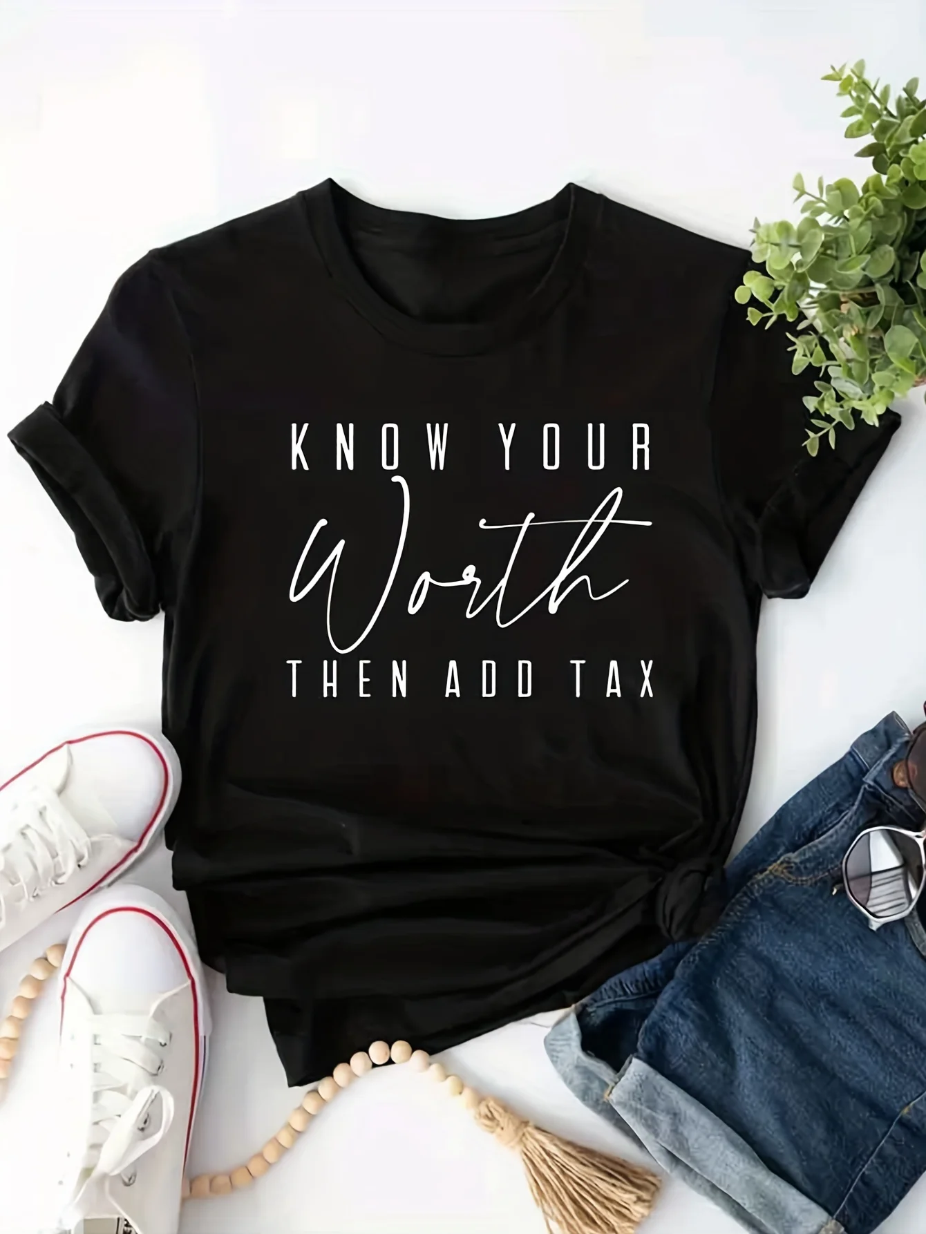 

Worth Letter Print T-Shirt, Short Sleeve Crew Neck Casual Top For Spring & Summer, Women's Clothing