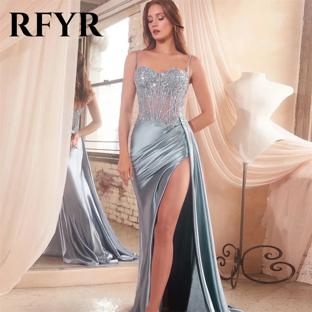 

RFYR Appliques Lace Navy Blue Mermaid Evening Dresses For Women Transparent Top Bead Soft Satin Formal Party Gowns Prom Dress