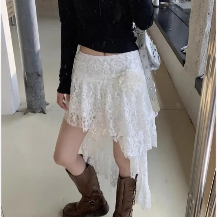 Rose Lace Flower Hollow Out Skirt for Women Irregular Mid-length All-match Skirts Summer New High Wasit Korean Fashion Clothing