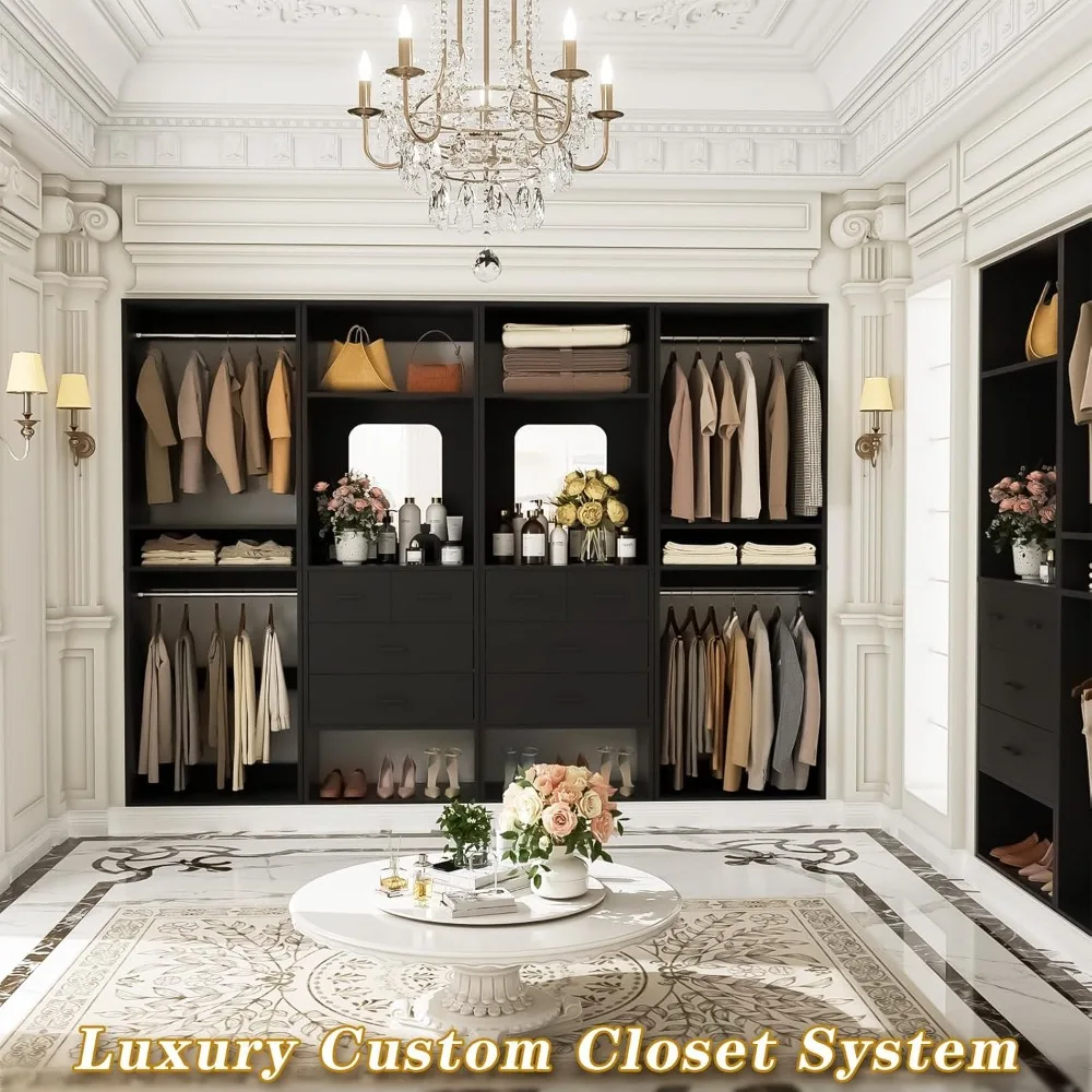8.3-Foot Large Walk-In Closet Organizer with Drawers, Hanging Rods, and Mirrored Design