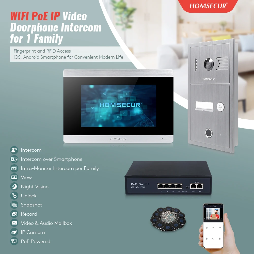 HOMSECUR 7" WIFI Tuya PoE IP Video Doorphone Intercom Doorbell Fingerprint RFID Entry Snapshot Recording Motion Detection Family