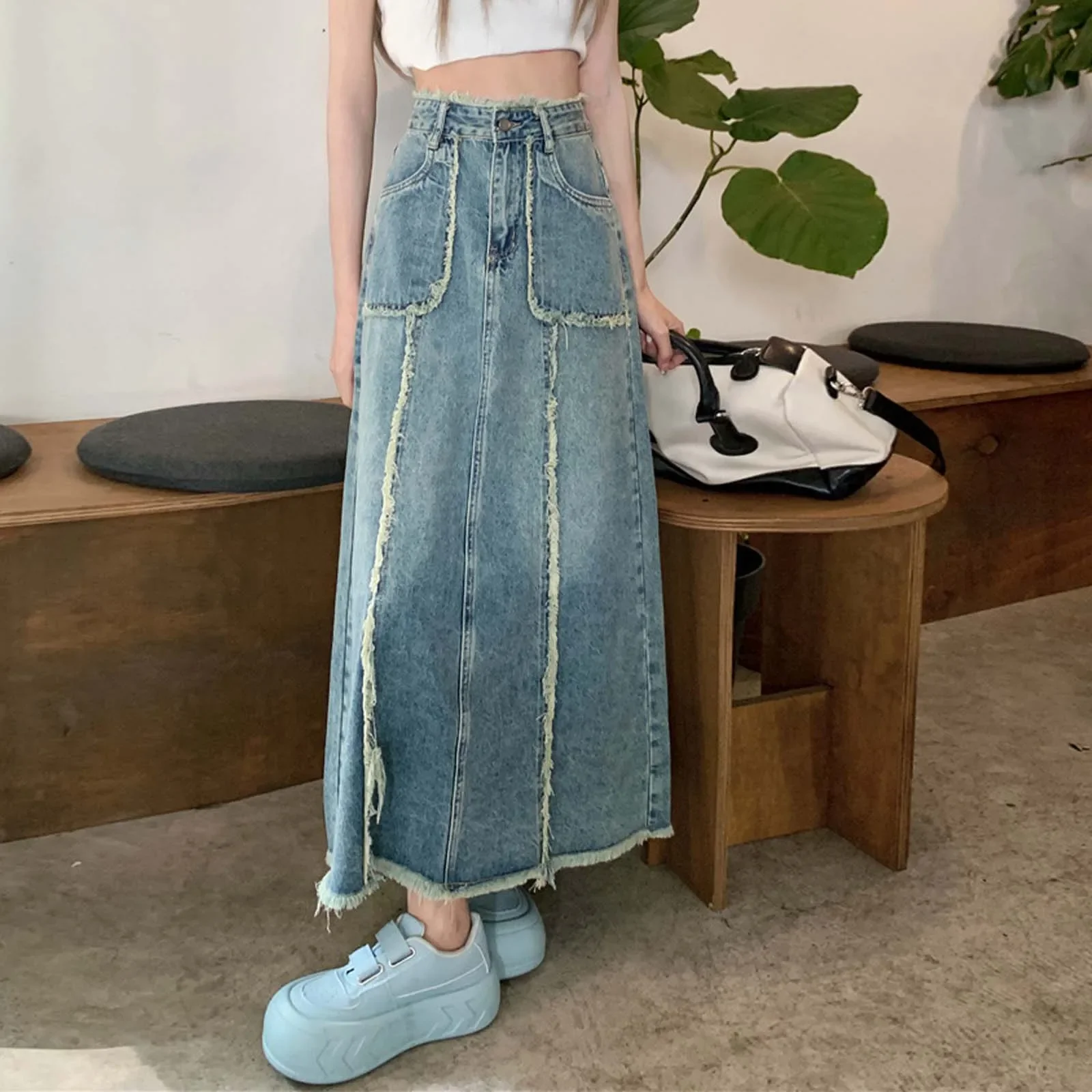 

Women Retro Denim Skirt Summer High Rise Mid Length Side Split Bodycon A Line Jean Skirt Anti Permeability Casual Versatile Wear