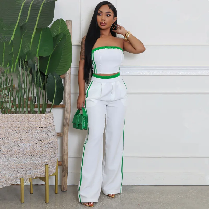 

New Fashion Women's Two Piece Sets Sleeveless Ribbon Strapless Tops And Wide Leg Pants Set Streetwear Outfits