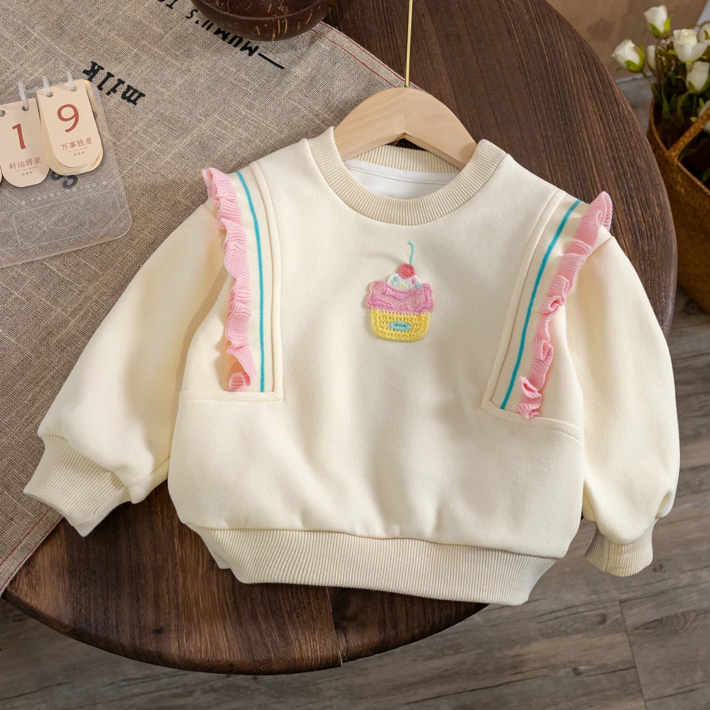 Cute Kids Girls Sweatshirts Spring Autumn Korean Style Ruffles Fly Sleeve Hoody Embroidery Pullover Tops Children Clothes 1-6Y