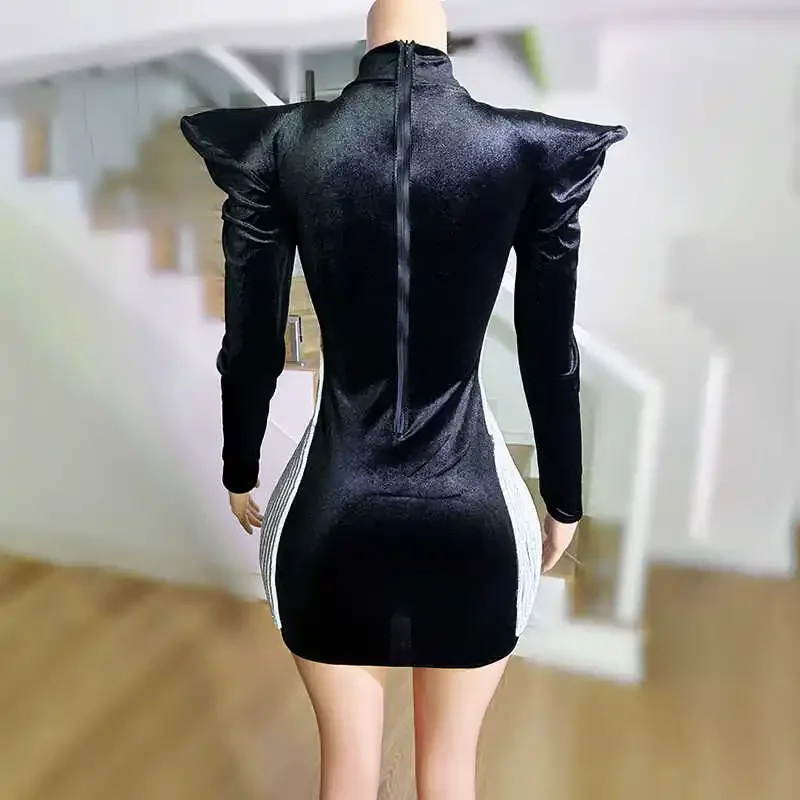 Female Gogo Dancer Costume Party Show Outfit Singer Stage Wear Black High Collar Padded Shoulder Dresses Birthday Outfit yj008