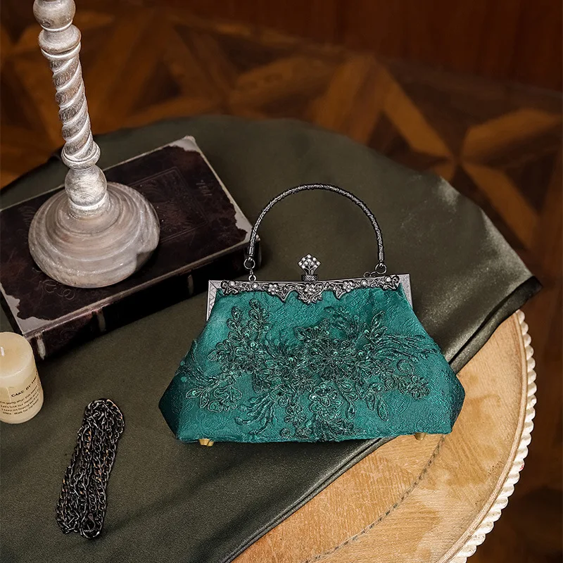 Bolsos de noche de estilo chino verde profundo Vintage para mujer, bolsos de mano con asa negra, bolso de mano con lentejuelas bordadas con flores