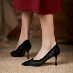 31-43 Mesh Lace Black High Heels Small Size 31 32 33 Women Shoes Low Heel Slip On Stiletto Pumps Ladies Heels