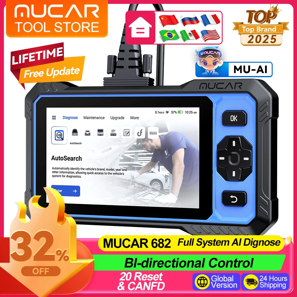 

MUCAR 682 Автомобильные диагностические инструменты, все системы CANFD OBD2, сканер 20, сброс, бесплатное обновление, двунаправленное управление, мусорный сканер
