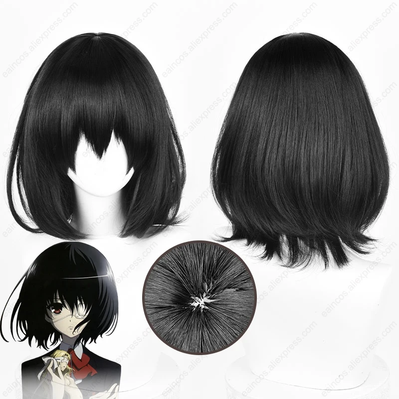 Peruca sintética preta mei misaki, cabelo curto, resistente ao calor, cosplay, role play de Halloween, 35cm