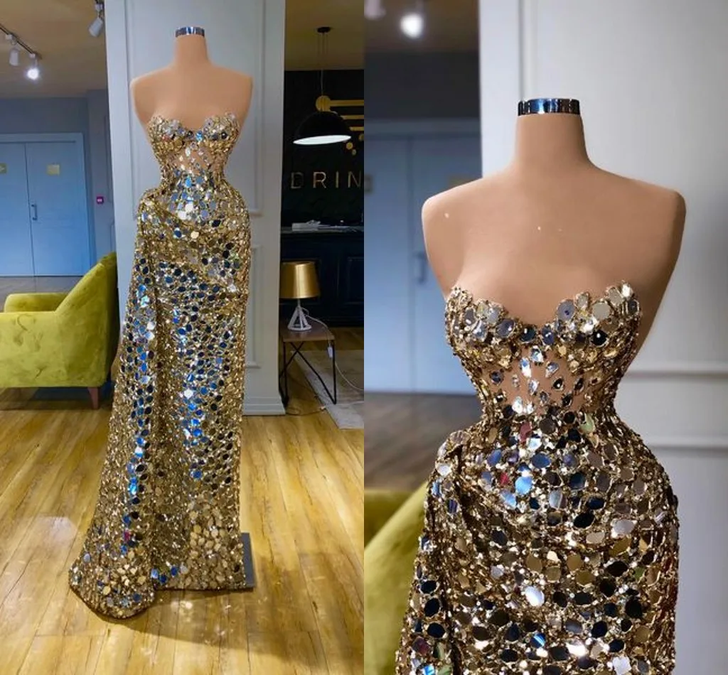 Strapless Gillter Mirror Mermaid Prom Dresses with Side Train Sparkly Sequins Crystal African Aso Ebi Arabic Evening Gown Robes