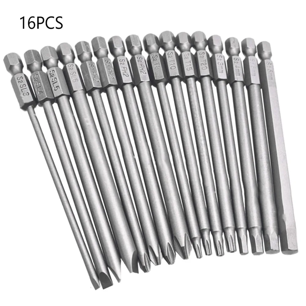 

U50 16pcs 100mm Long Screwdriver Bits Torx Hex Slotted Cross Head Magnetic Screw Driver Alloy Steel Screwdriver Bit Hand Tools