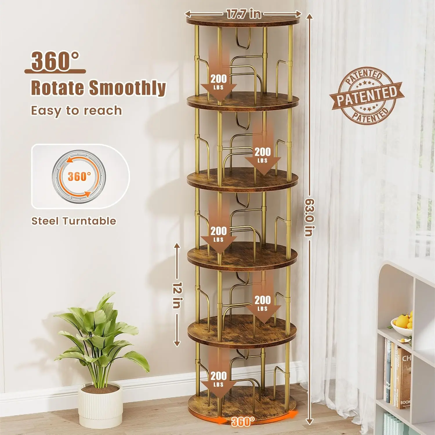 5 Tier Rotating Bookshelf,360 ° Display Stackable Spinning Bookshelf Tower, Corner Bookshelf Tall Floor Standing Swivel Bookcase