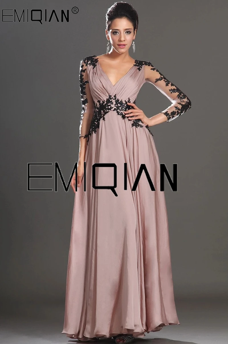 3/4 Sleeve V-neck Chiffon Evening Dress with Black Lace Appliques A Line Backless Evening Gowns