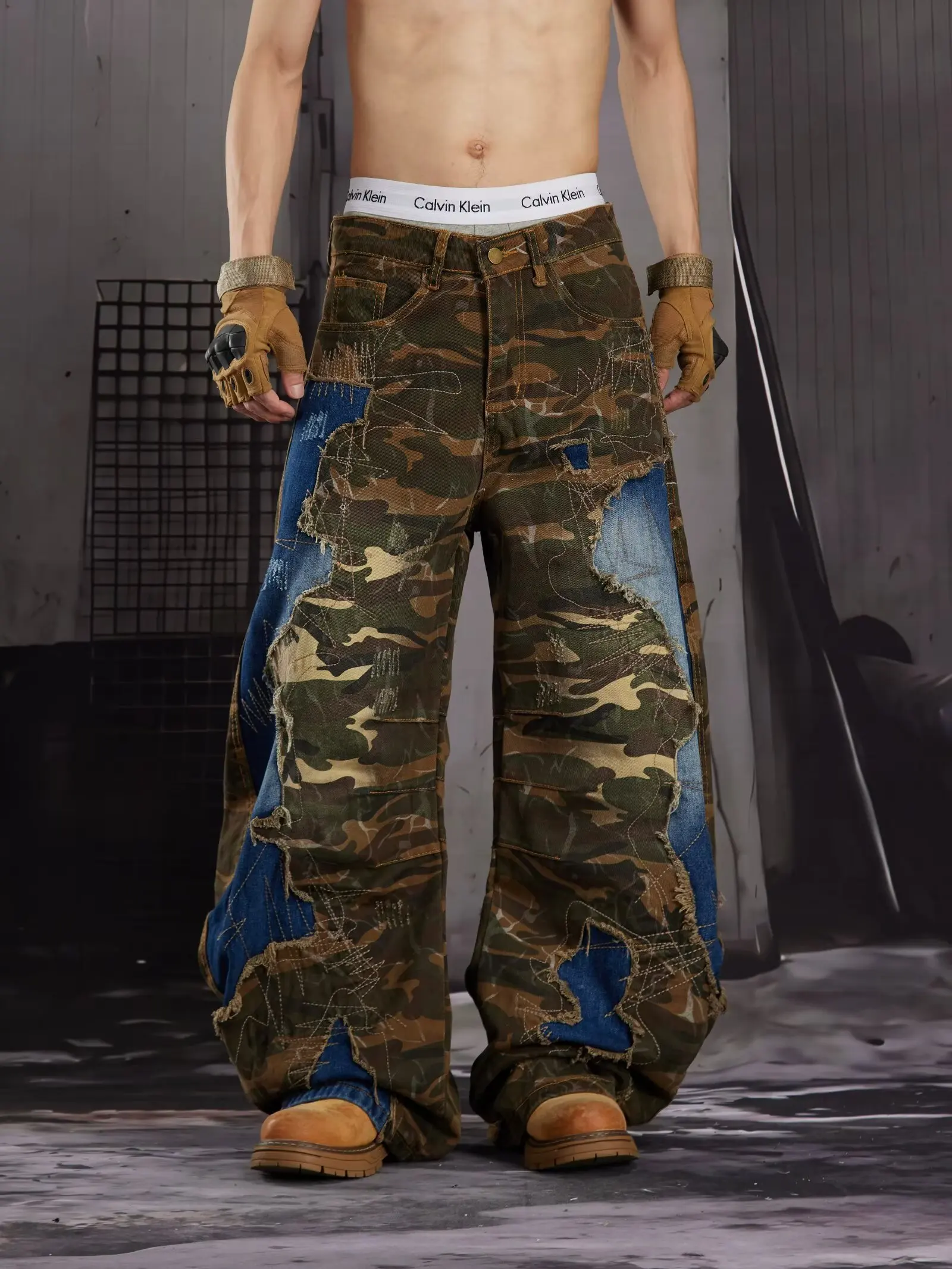 2026 American Retro Y2K Style Camouflage Patchwork Baggy Ripped Jeans Pants For Men Clothing Wide Leg Straight Denim Trousers
