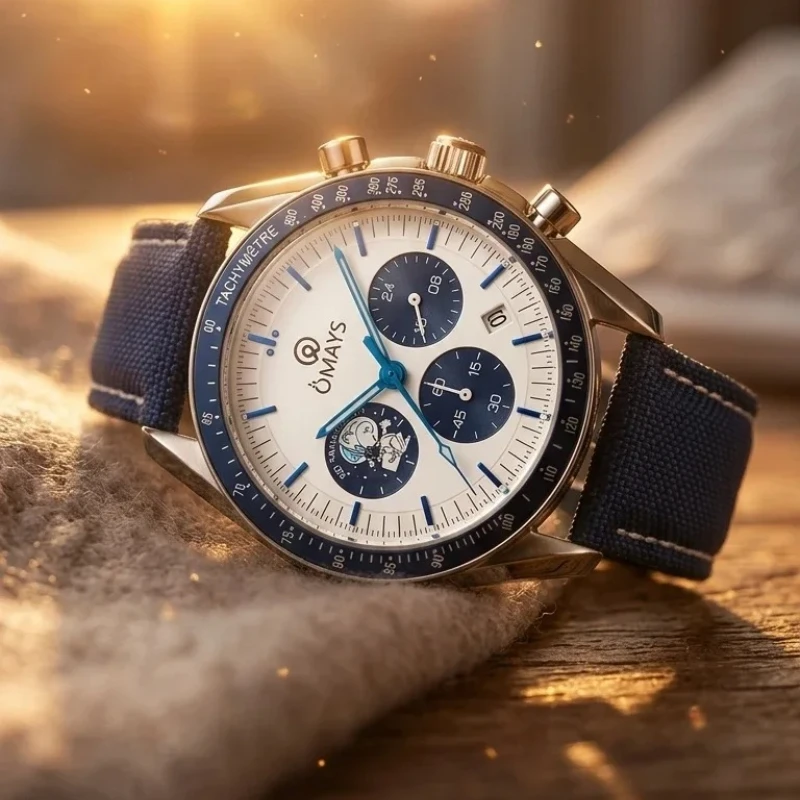 OMAYS Men's Luxury Sport Watch, 50th Anniversary Edition, Blue Nylon Band, Chronograph Quartz Wristwatch