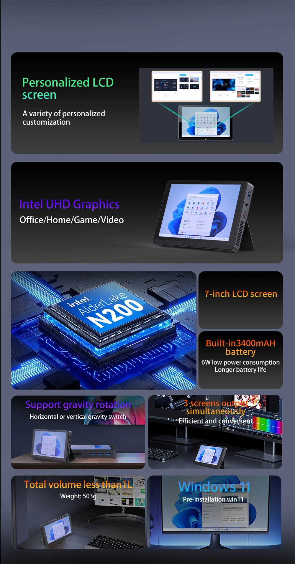 Sibolan 12-Gen Mini PC with 7 inch LCD Screen Inter N150/200/305 DDR5 3.7Hz Support WIFI 6.0 BT 5.2 For Home Office & Gaming