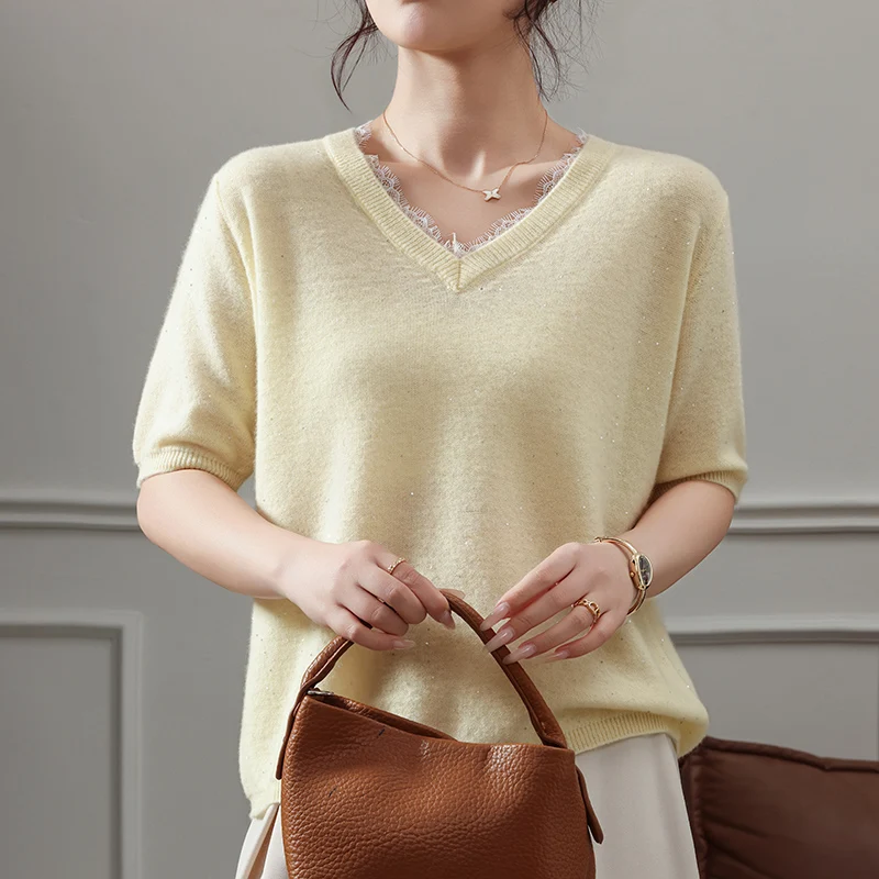 Women's V-Neck Cashmere Blend Sweater 10% Cashmere 90% Wool Short Sleeve Knitted Pullover Solid Color Fashion for Spring Summer.