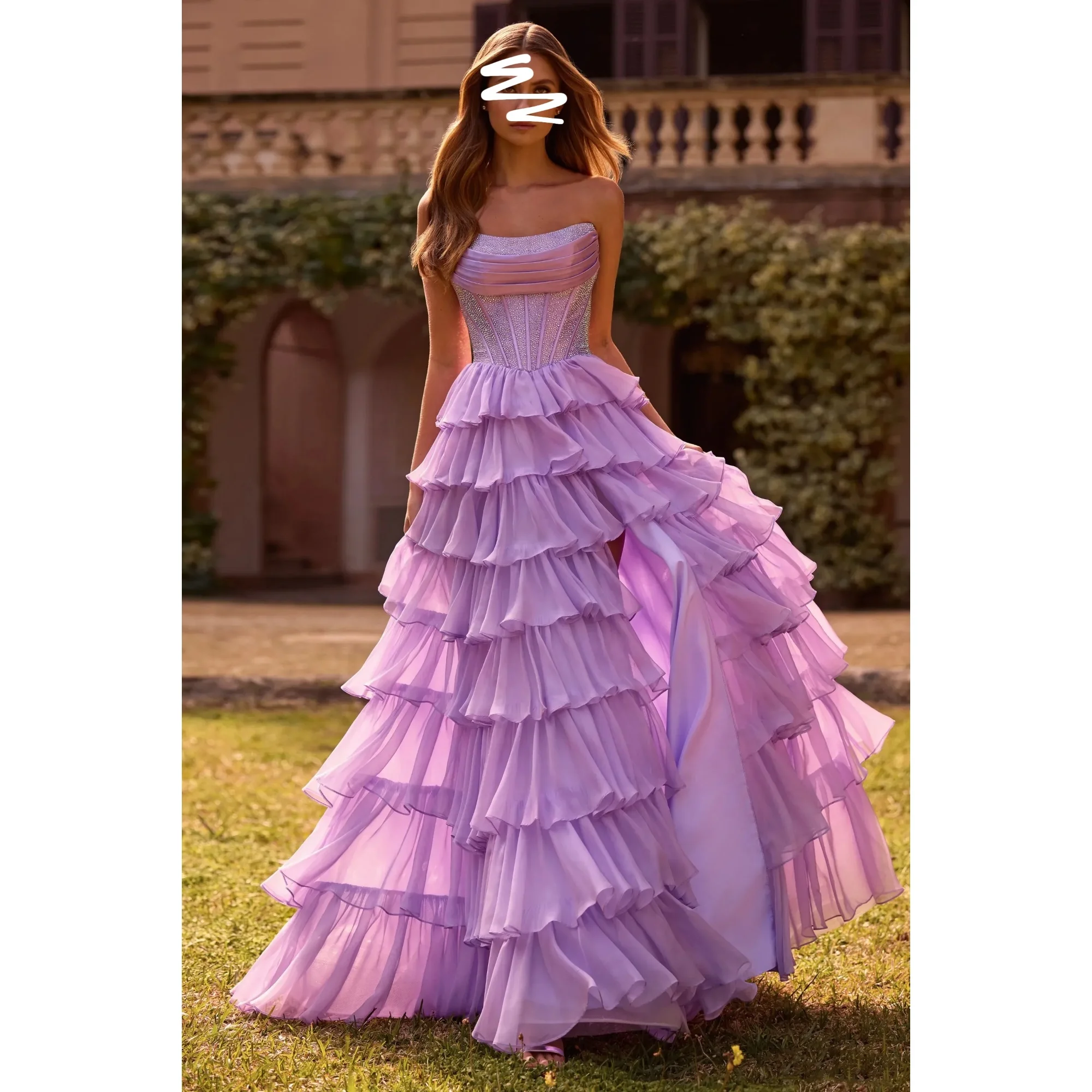 

Customized Strapless A-line Women's Long Dress Elegant Ruffle Layered Evening Dress Lace Tight corset High Waist Party Dress