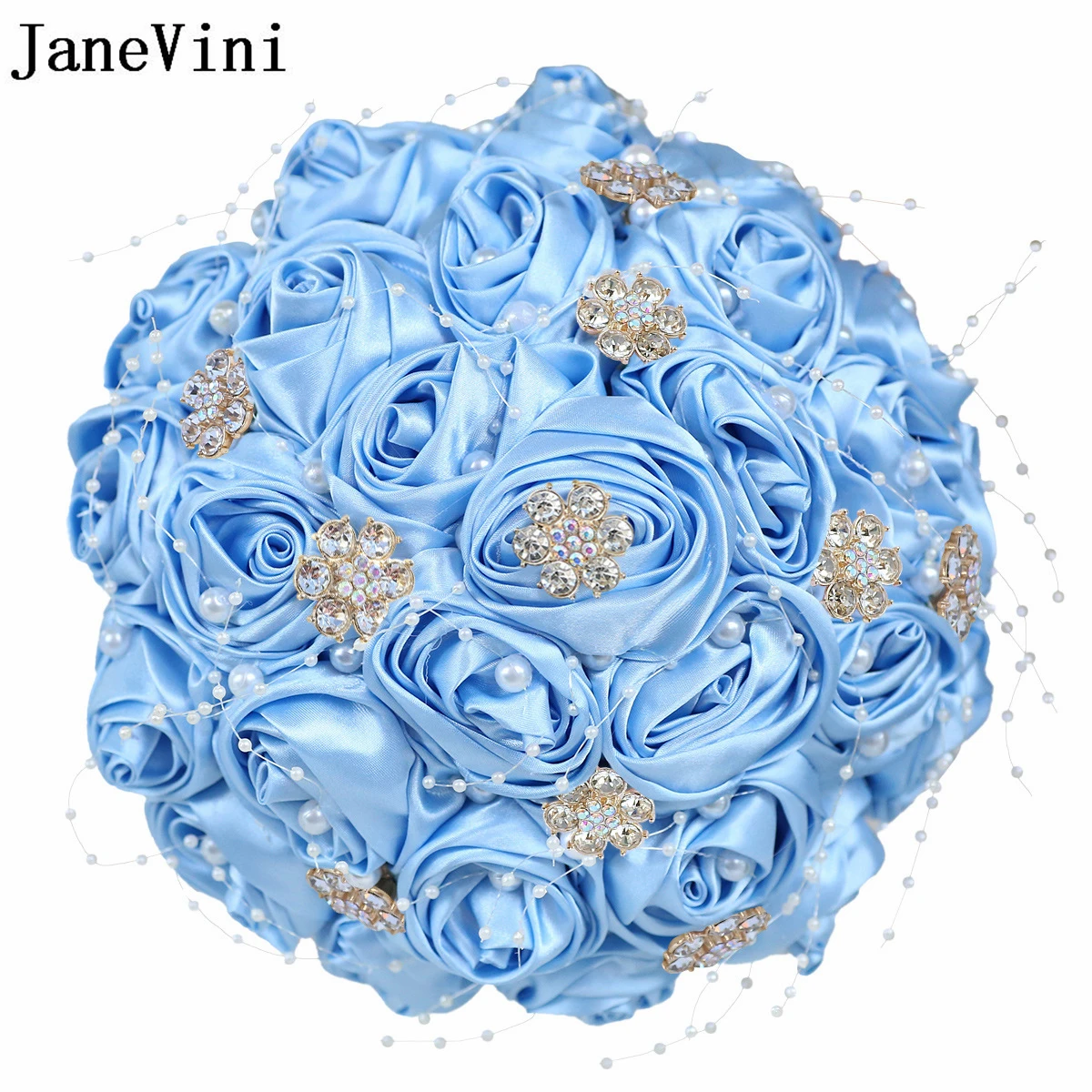 

JaneVini European Satin Rose Wedding Bouquet for Bride Light Blue Pearls Beaded Bridal Holding Flowers Bouquets hochzeit strauß