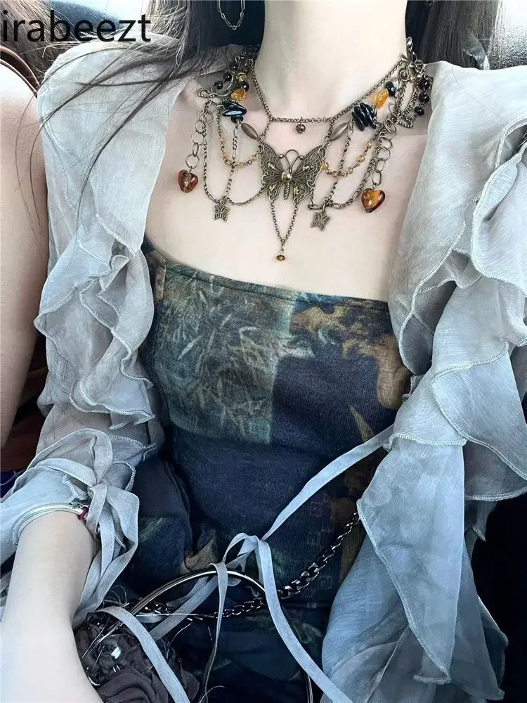 Chic Mesh Long Sleeve Cardigan Retro Chic Dress Two-piece Set Conjuntos Feminino Elegante Elegant 2piece Clothes Woman