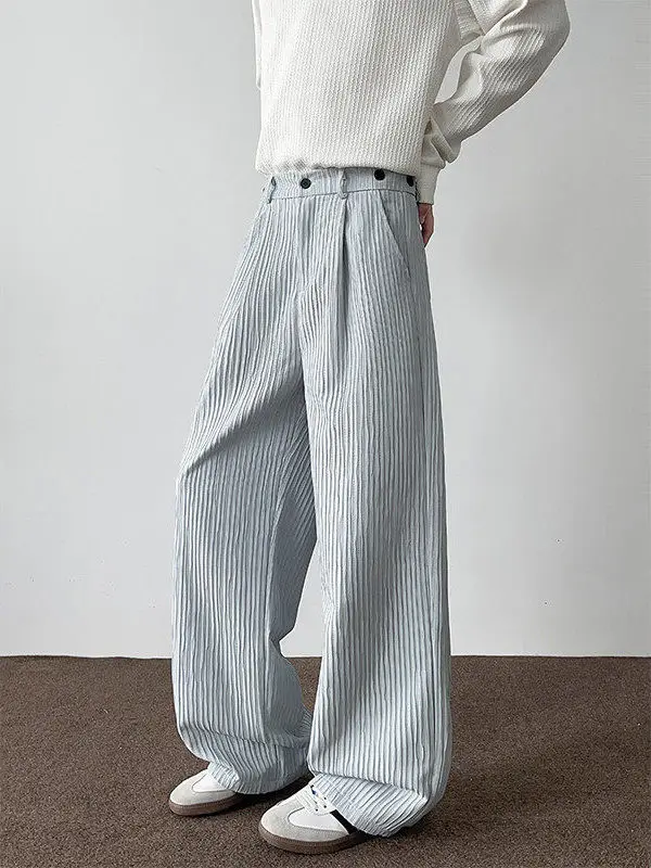 

Ay Мужские повседневные брюки с текстурированной вертикальной полосой, осенние плиссированные брюки свободного покроя с широкими штанинами, прямой крой из полиэстера