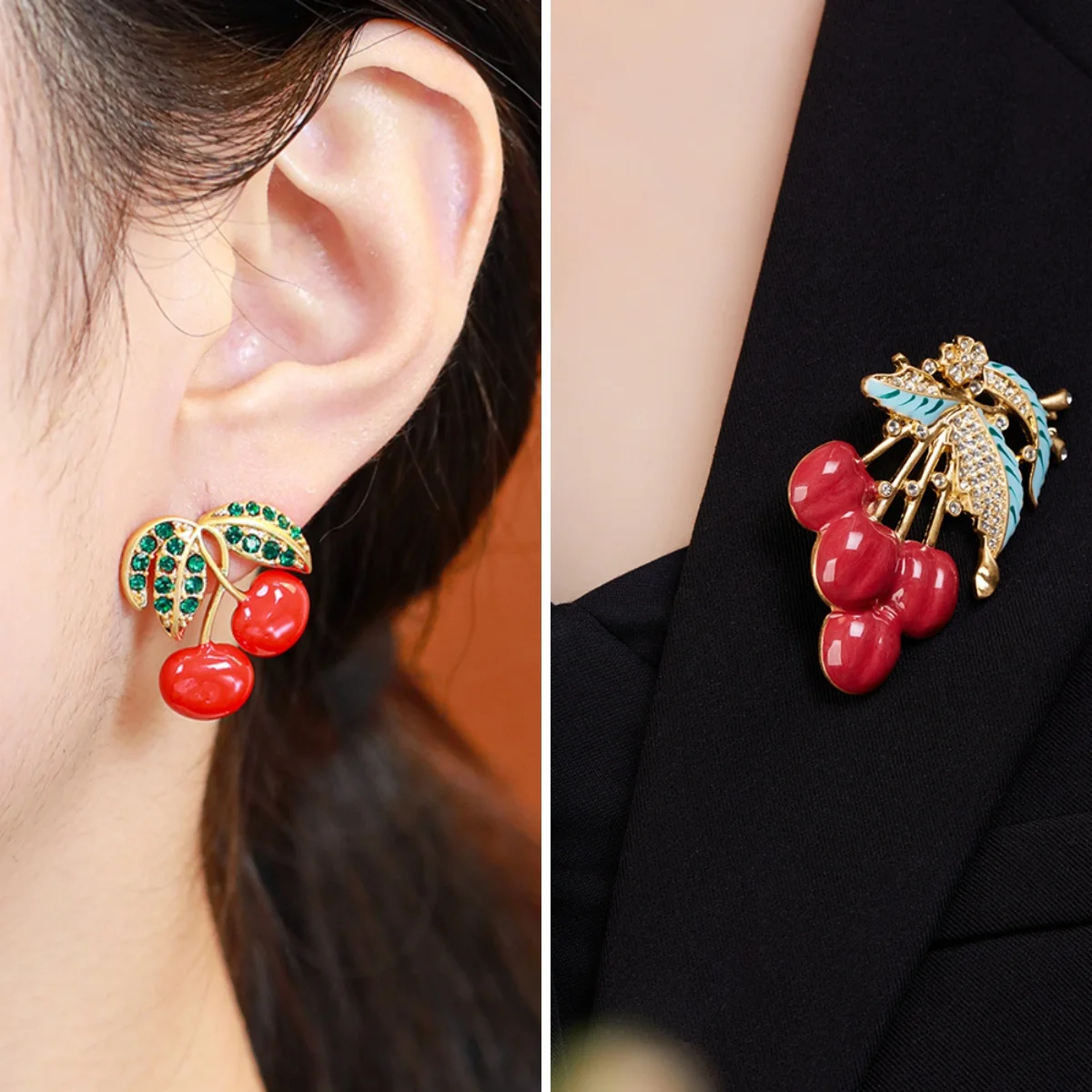 LEWIS SEGAL Cute Cherry Stud Earrings for Women Girls Luxury Medieval Style Fruit Brooch Fine Jewelry Red Enamel 18K Gold